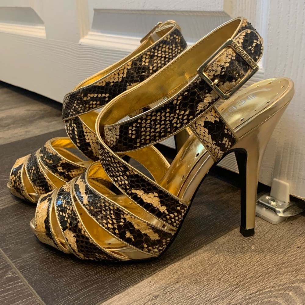 BCBG Gold Snake Print Strapy Heels EUC - Picture 2 of 3